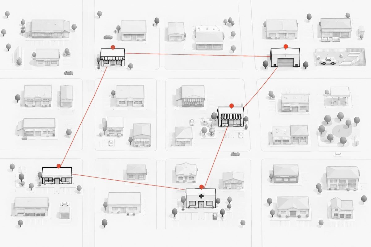 Illustration of a town street grid where five local businesses (a shop, a garage, a café, a clinic and an office) are highlighted and connected