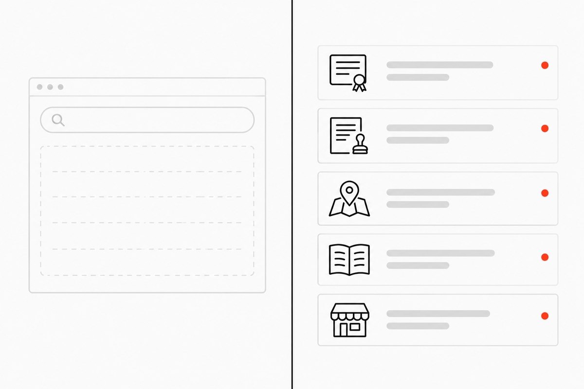 Illustration: an empty database search on one side; on the other, public-record sources such as licences, permits, maps, directories and storefront listings